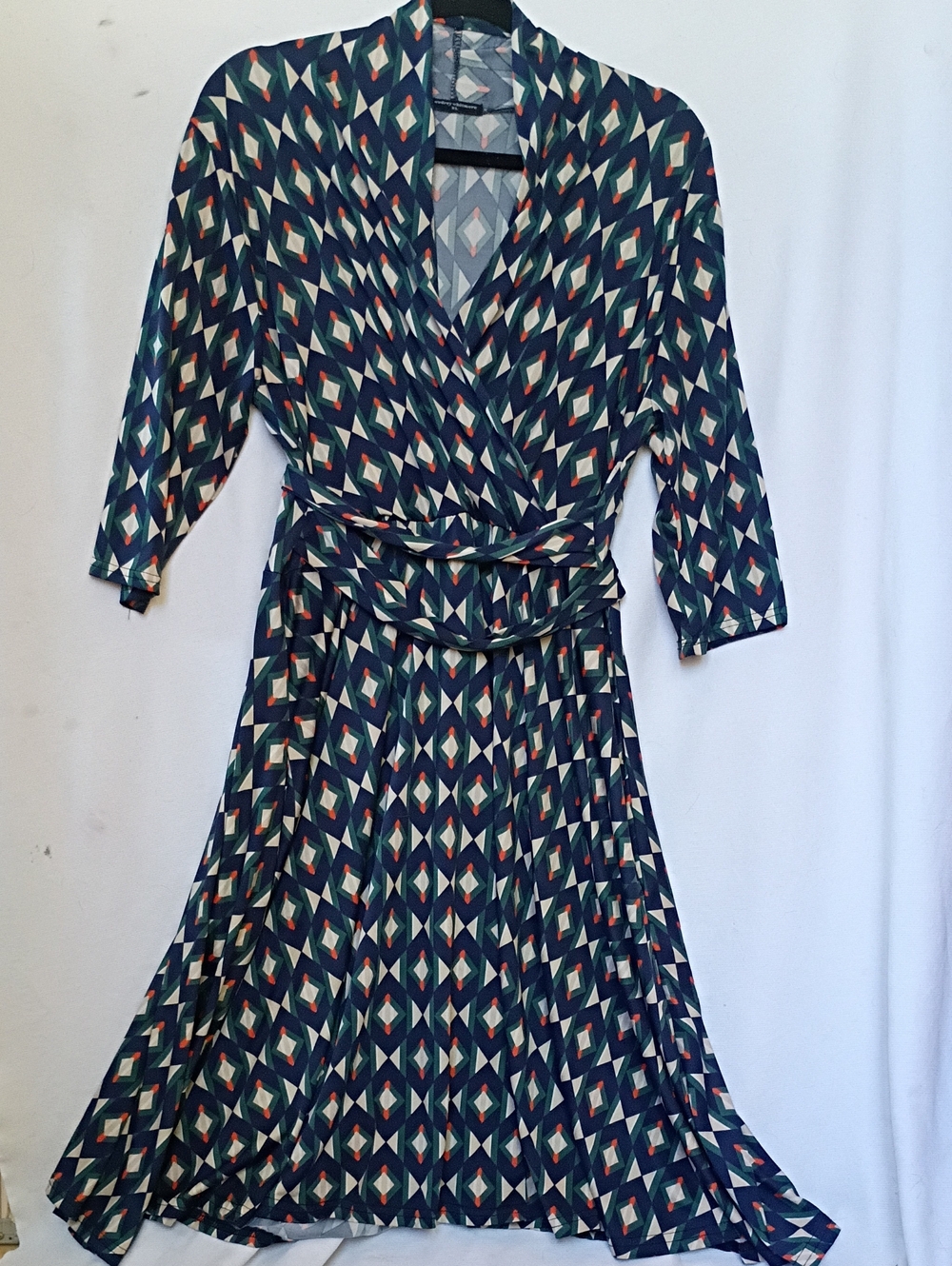Audrey Whitmore Geometric Print Navy Wrap Dress with Belt